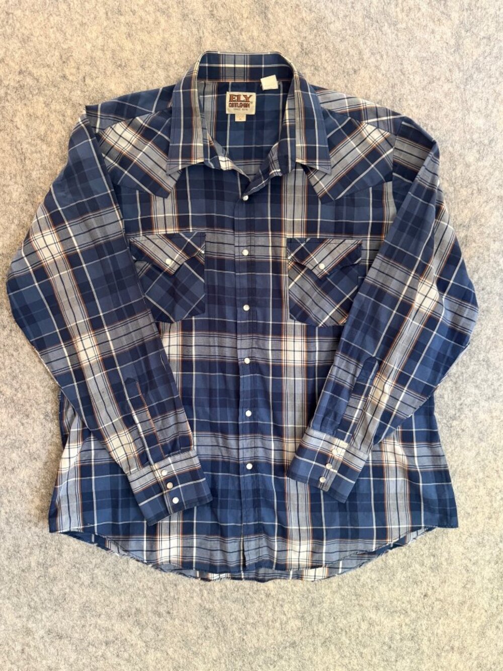 Ely Cattleman Shirt Blue Plaid Sz XL 17.5/35 Long Sleeve Pearl Snap Western